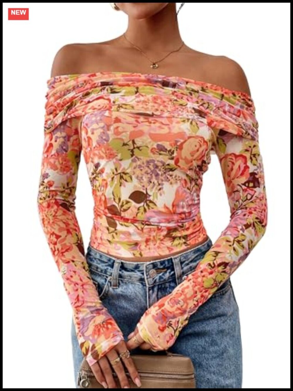 PRETTYGARDEN Women's Off The Shoulder Floral Mesh T-Shirt Long Sleeve Ruched